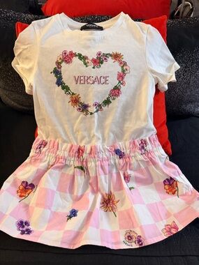 Versace Girls White Tee with Pink Gingham Floral Skirt Set